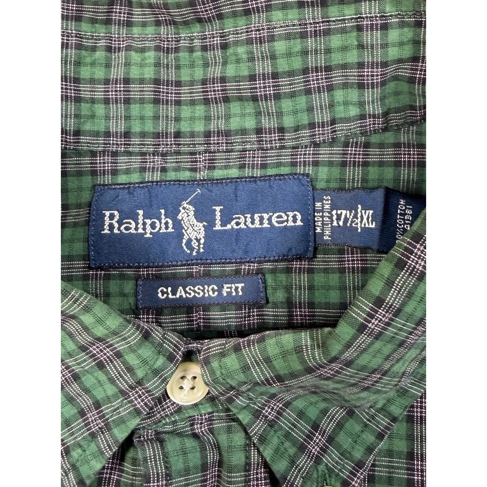 Vintage Ralph Lauren Mens 17.5 XL Tall Green Purple Check Button Up Shirt
